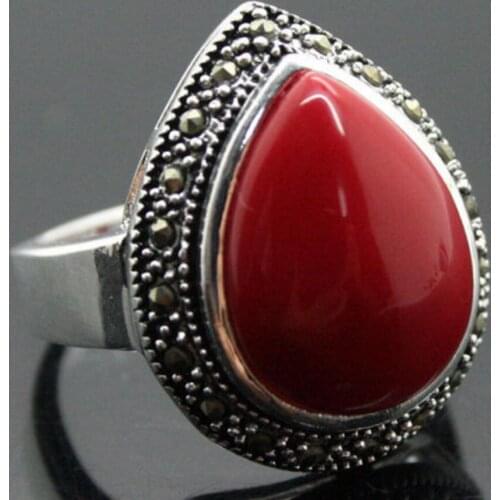 Free Shipping wholesale 25x20mm Red Carved Lacquer Inlay Marcasite 925 Sterling Silver Drop Ring Sz 7-10 -Bride jewelry GOOD