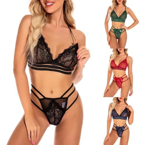 Women Sexy Lingerie Set, Female Sleepwear See-through Lace Hem Deep V-neck Underwear and Panties S M L XL