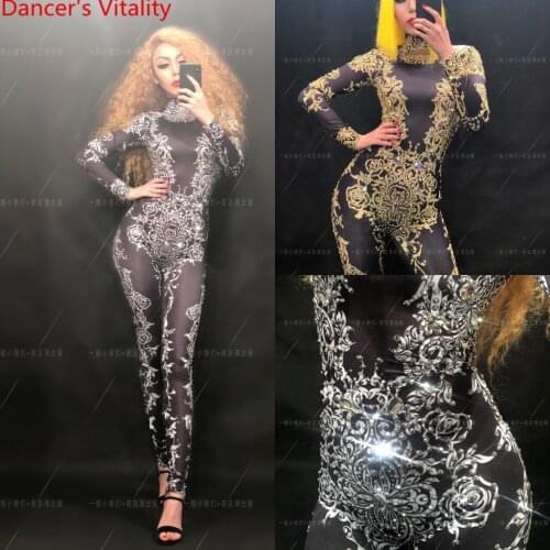 Nightclub Perform Magic Acrobatic Show Performance Costume Silver Gold Long Body Suit Sexy Diamond Pole Dancing Set Stage Wear
