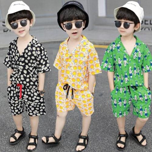 Summer Beach Wear Boys Sets 2PCS Short Sleeve Shirts + Shorts Light Fruit Flower Print Suit for Boy kids clothes Clothing Sets