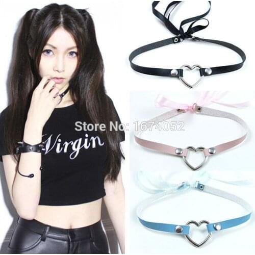 Cute Lolita Kawaii Handmade Harajuku Lace Up Heart Choker with Ribbon Leather Collar Necklace