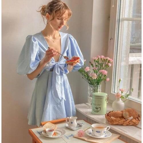 Elegant bow blue female V-neck mini dress A-line summer party dresses birthday festival sexy french romantic dress women robe