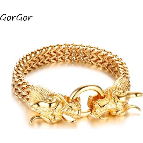 GorGor 2020 Trendy Classic Titanium Steel Golden Dragon Head Gold Color Chain Bracelet for Fashion Men Jewelry Gift BR-538
