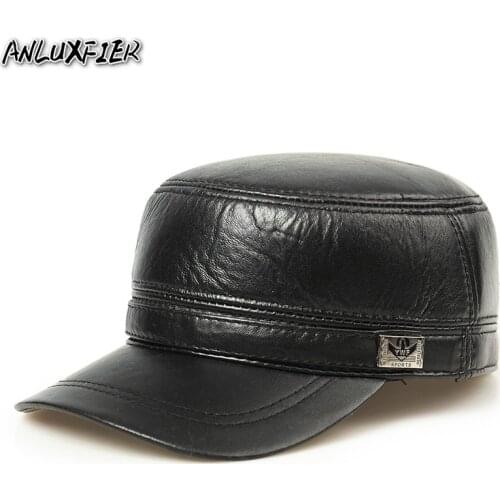 H3506 Leather Men Military Hat Outdoor Thermal Earmuffs Male Cap Adjustable Size Ear Protective Cowhide Caps