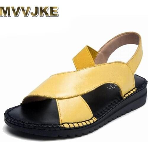 MVVJKEcow genuine leather sandals women flat heel sandals fashion summer shoes woman summer sandals big size