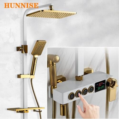 Bathroom Shower Set HUNNISE Rainfall Shower Head 12 Inch Top Shower White Gold Digital Shower System Thermostatic Shower Set