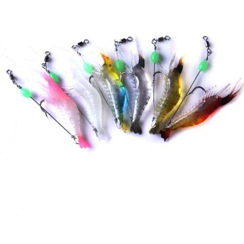HENGJIA 5pcs/lot Artificial Shrimp Set 8cm 5.3g Fishing Lure Silicon Soft Bait Luminous Eyes Glow Bead fly fishing 6 Color
