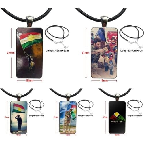 For Men Women Stainless Steel Color Glass Cabochon With Rectangle Shaped Pendant Choker Necklace Vintage Kurdistan Flag