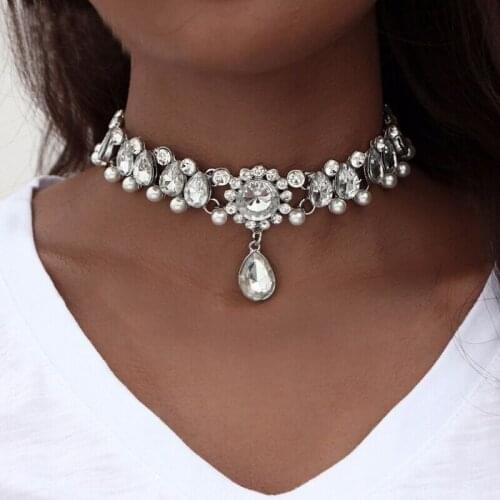 Boho Collar Choker Wedding Bridal Jewelry Crystal Bead White Faux Pearl Vintage Statement Necklace Trio Rhinestone Choker KO-28F