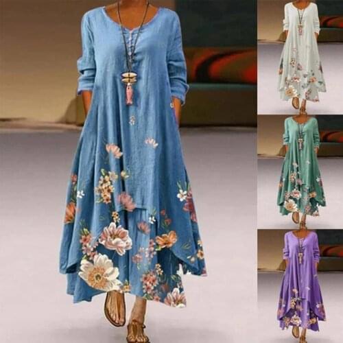 2021 Casual Floral Print Dress Women Summer O Neck Long Sleeve Plus Size Long Dress Female Irregular Loose Party Maxi Vestidos