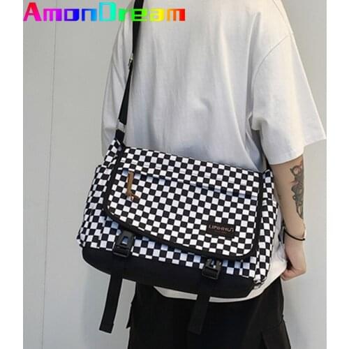 Casual Unisex Grid Shoulder Bag Women Shoulder Messenger Plaid Bookbag Fashion Large Capacity Boy Girl Travel Sac Male Mochilas