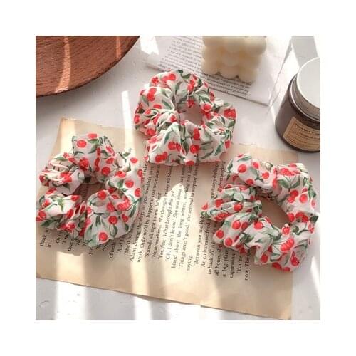 Korean Floral Scrunchie Women Cherry Bow Elastic Hair bands Lace Gum Hair Tie Ponytail Hold Hair Accessories