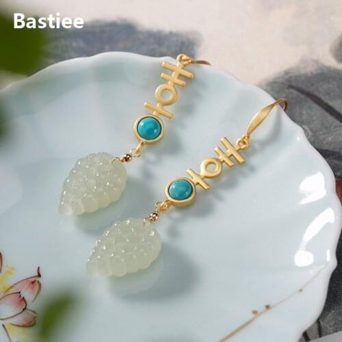 Bastiee Grape 925 Sterling Silver Wedding Earrings For Women Jewelry Chinese Drop Dangle Earings Jade Turquoise Gold Plated