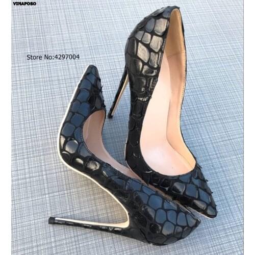 Vinapobo 12/10/8CM Women Stiletto High Heels Ladies Sexy Black Snake thin Heels Pointed Toe Pumps Comfortable Dress wedding Shoe