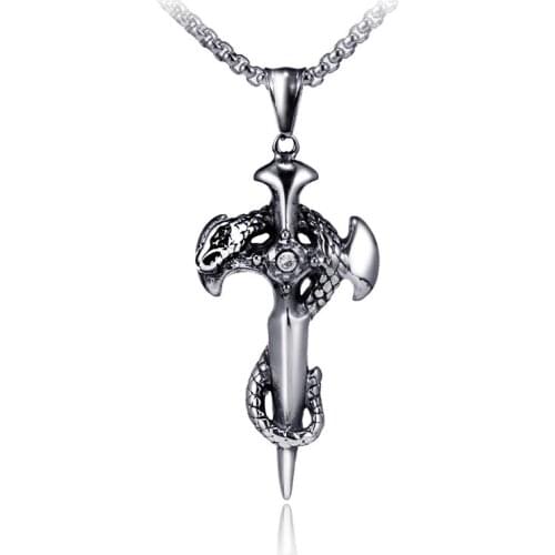 Vintage Snake Sword Stainless Steel Cross Pendant Necklace for Men Hip Hop Rock Clear Zircon Punk Biker Necklace Jewelry LN3030