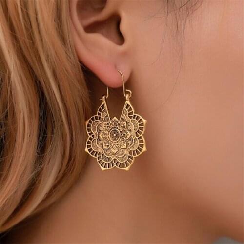 Vintage Antique Silver Color Carving Drop Earrings For Women Ethnic Alloy Piercing Dangle Earrings Jewelry Pendient