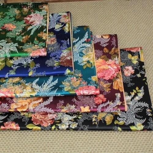 Jacquard Brocade Fabric Peony Flower Phoenix BLACK GREEN BLUE WINE RED for DIY Handwork Doll Apparel Decor Craft Bag Upholstery