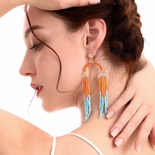 Royalbeier Women Boho Handmade Beads Long Dangel Earrings Woman Vintage Round Tassel Earring Thread Ornament Fashion Jewelry