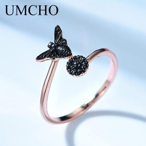 UMCHO Black Color Bee Flower Adjustable Rings 925 Sterling Silver Rings For Women Anniversary Gift Fine Jewelry