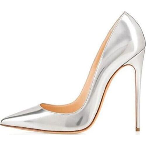 Women Pumps Brand Thin High Heels Silver Patent Leather Slip On 12CM Pointed Toe Shallow Wedding Party Women Shoes New 2020