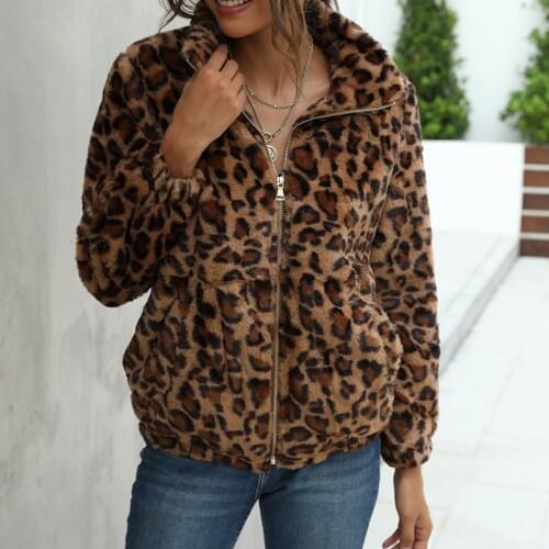 Evfer Women Vintage Leopard Print Winter Thick Jackets Female Fashion Animal Print Autumn Long Sleeve Zipper Loose Jacket Coats