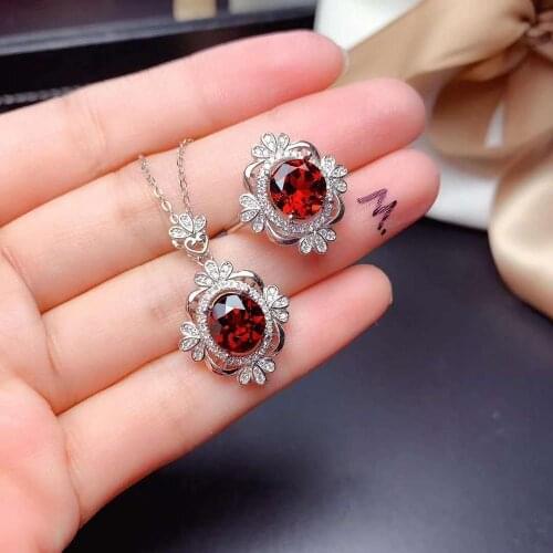 Natural Garnet Luxurious Ring Pendant Necklace Set S925 Silver Fashion Fine Weddings Jewelry For Women Free Shipping 2020NEW