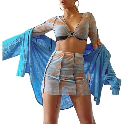 Women Sexy Two-piece Clothes Set Variegated Color Deep V-neck Crop Tops and High Waist Skirt