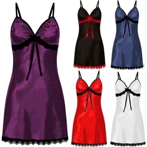 Women Sexy Sleepwear Lace Sling Silk Satin Night Dress Sleeveless V-neck Nightgown Nightdress Plus Size S-3XL