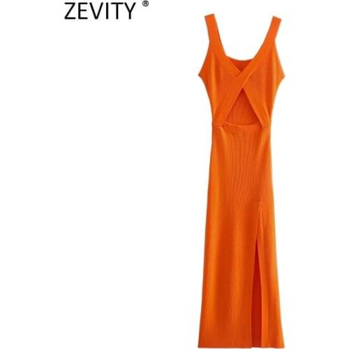Zevity Women Sexy Deep V Neck Hollow Out Design Split Knitting Midi Dress Female Slim Club Wear Vestido Summer Dresses DS8373