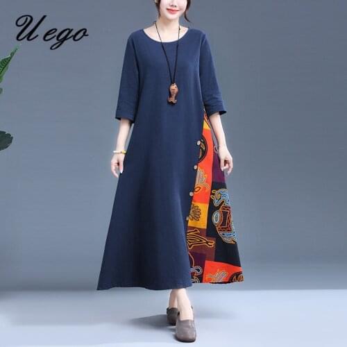 Uego Plus Size M-5XL Three Quarter Autumn Spring Dress Patchwork Soft Linen Cotton Loose Women Casual Dress Fashion Midi Dress