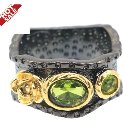 23x12mm Sublime Antique Vintage Created Green Peridot Gift For Ladies Black Gold Silver Rings
