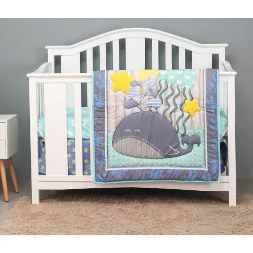 3pcs Ocean Theme Cartoon Crib Bedding Set Newborn cartoon baby bed linen set I Fitted Sheet, Crib Quilt, Dust Ruffle