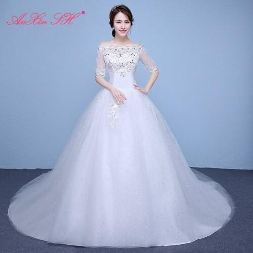 AXJFU princess flower lace white wedding dress vintage boat neck beading crystal court train half sleeve bride red wedding dress