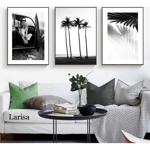 Black White Tropical Landscape Summer Decoration Canvas Painting Green Leaf Beach Poster Print Scenery Wall Art for Home
