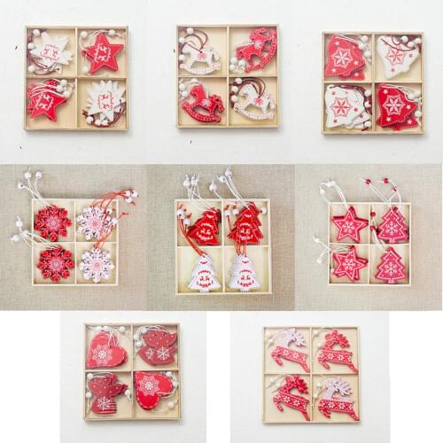 12pcs/box Christmas Tree Decorations DIY Wooden Hanging Christmas Pendant Drop Ornaments Snowflake Rocking Horse Heart Elk Xmas