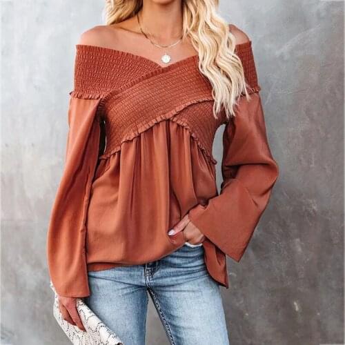 Foridol Spring Autumn Satin Blouse Tops Women Flare Sleeve Off Shoulder Short Blouse Shirts Brown Elastic Casual Tops 2021