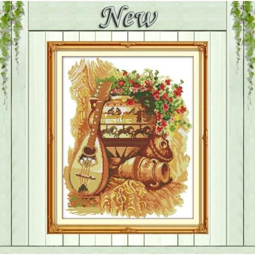 Clay pot and guitar,11CT counted print on cloth DMC 14CT Cross Stitch kit,embroider needlework Set,flower vase Crafts Home Decor