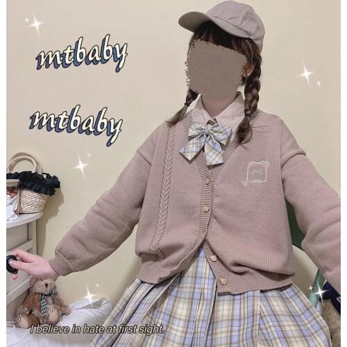 Slice Buns Embroidery Cute Womens Knitted Sweater V-neck Cardigan Long Sleeve Loose Sweaters JK Girls School Uniform Student
