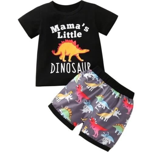 2 Pieces Kids Suit Set Letter Dinosaur Print O-Neck Short Sleeve T-Shirt+ Shorts for Summer 6 Months-3 Years