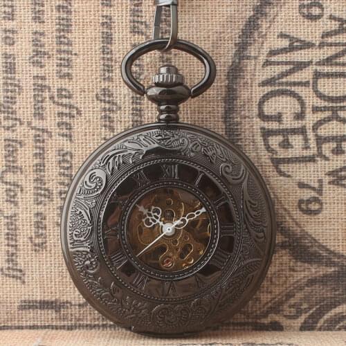 Steampunk Black skeleton Mechanical Pocket Watch Roman Dial Flip Women Men Pocket Watches with Chain 10pcs/lot