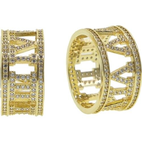 Fashion Wide Bling Ring CZ Crystal Gold Hollow Out Roman Numerals Finger Band Ring men women Wedding Engagement club Jewelry