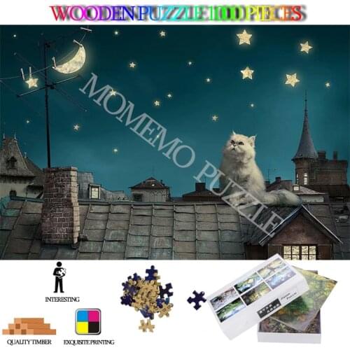 Night Sky Cat Adults 1000 Pieces Wooden Jigsaw Puzzle High Definition Animal Jigsaw Puzzles for Adults Kids Assembly Puzzle Toys