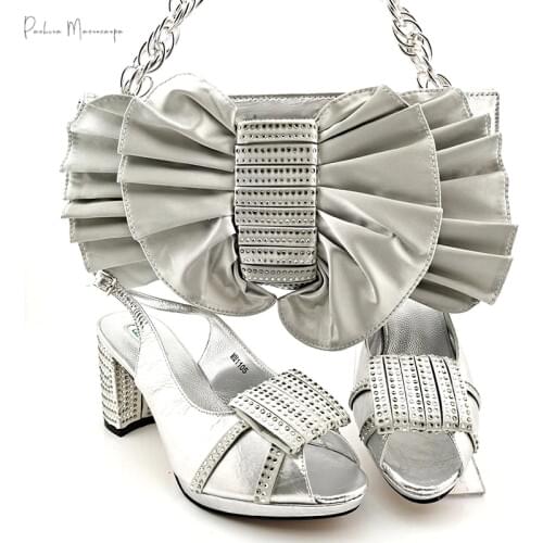 New Arrival African Italian Design High Quality Nigerian Style Ladies Shoes and Bag Set in Sliver Color for Party