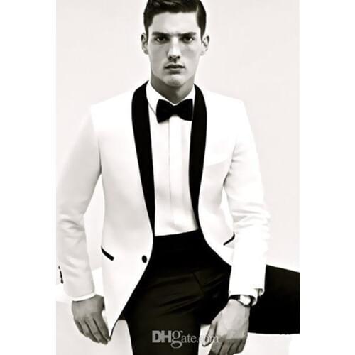 New Fashion One Button White and Black Groom Tuxedos Groomsmen Shawl Lapel Best Man Blazer Mens Wedding Suits (Jacket+Pants+Tie)