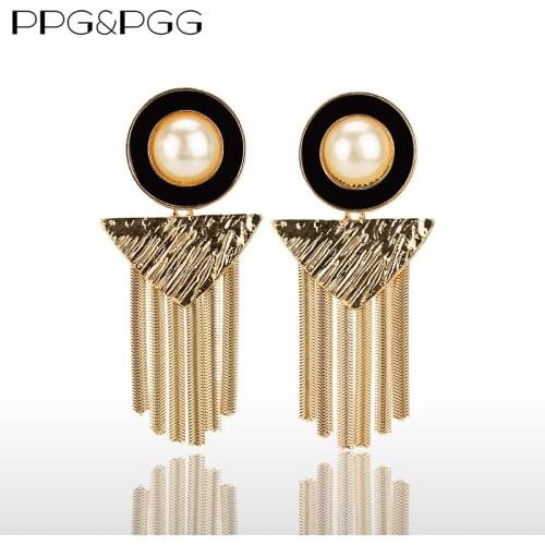 PPG&PGG Women Fashion Long Metal Simulated Pearl earrings gold chain fringing Metal Geometric Maxi Statement Tassel Earrings