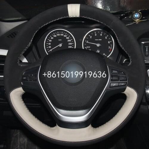 Hand sewing custom White Leather Black Suede White Marker Car Steering Wheel Cover for BMW F30 320i 328i 320d F20