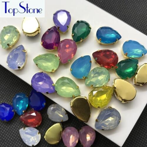 Topstone All Opal Colors 50pcs 10X14MM,13x18mm Teardrop With Gold Claw Setting Resin Droplet Sew on stone Dress Making