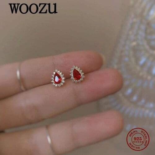 WOOZU 14k Gold Plated 925 Sterling Silver Luxury Ruby Zircon Stud Earrings For Women Party Korean Teen GirlFriend Jewelry Gift