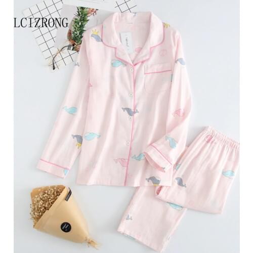 Long Sleeve Pajamas Set Homewear Women Cotton Gauze Cute Print Sleepwear Female Japanese 2 Pieces Nightgown Suits Plus Size
