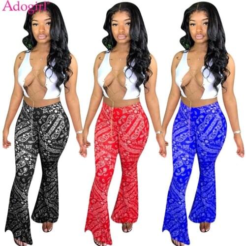 Adogirl S-2XL Women Casual Bandana Print Flare Pants 2020 New Fashion Sexy Foot Cut Bell Bottomed Trousers Night Club Outfits